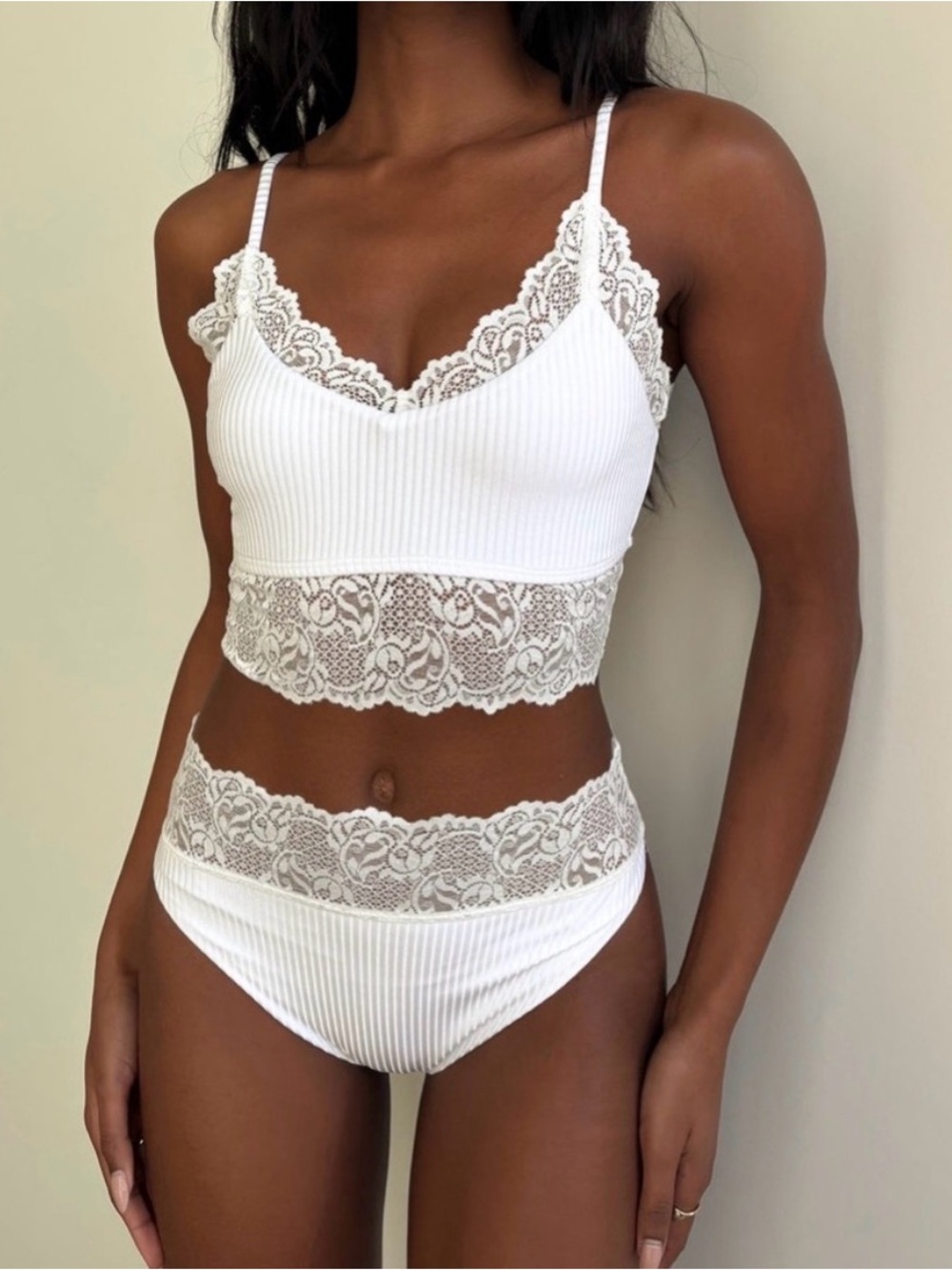 Beach Riot White Ribbed Lace Bralette & Bikini Set